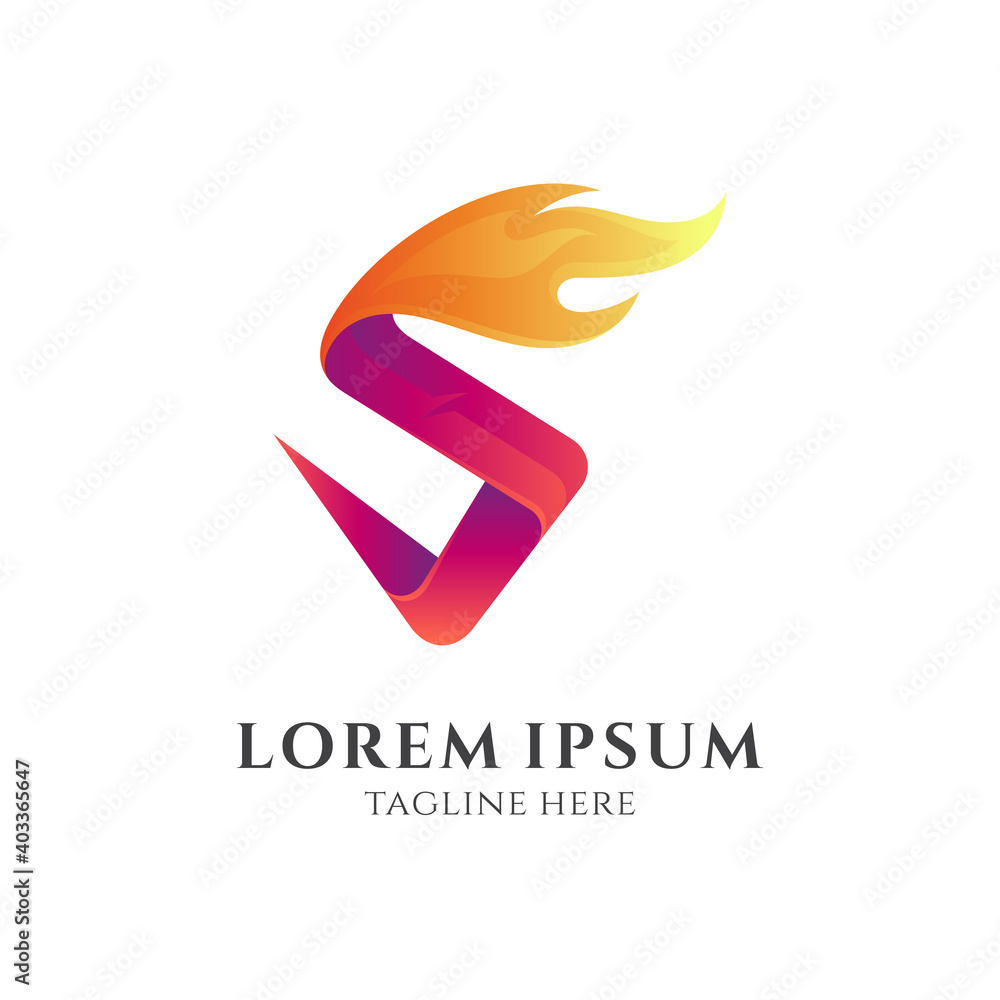 Fire letter S logo. Initial letter S and fire shape with 3d ribbon logo style in gradient color Fire letter S logo. Initial letter S and fire shape with 3d ribbon logo style in gradient color