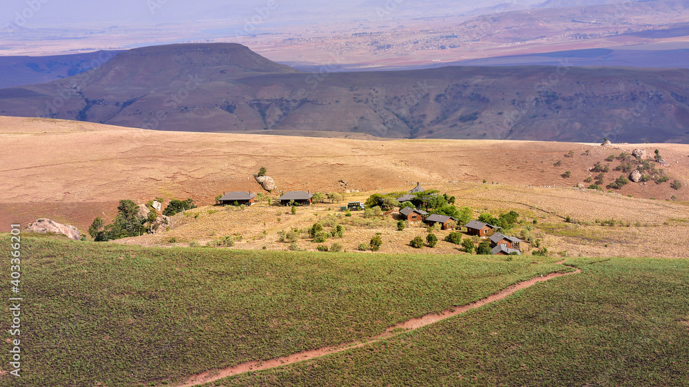 Fototapeta premium Hiking trail leading to lodges, ideal stay for active holiday with beautiful nature landscape views, KwaZulu-Natal South Africa