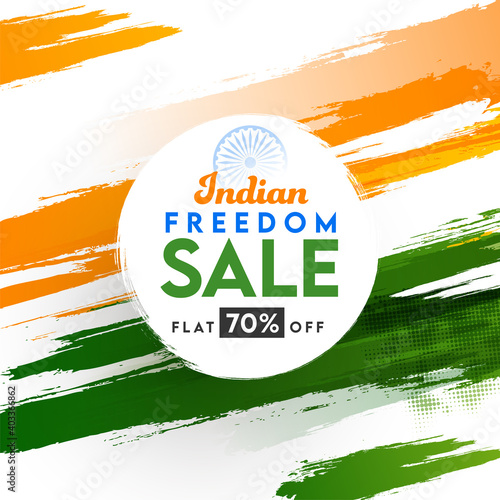 Indian Freedom Sale Poster Design With 70% Discount Offer On Tricolor Brush Stroke Halftone Effect Background.
