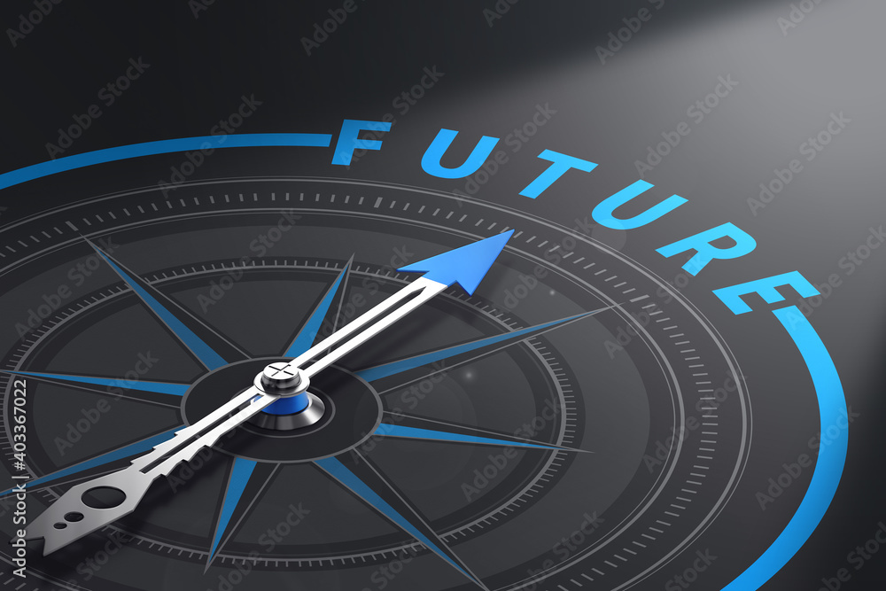 compass with the needle pointing the word future, black background. Concept for business vision or perspective solutions. 3d illustration compass with the needle pointing the word future, black background. Concept for business vision or perspective solutions. 3d illustration