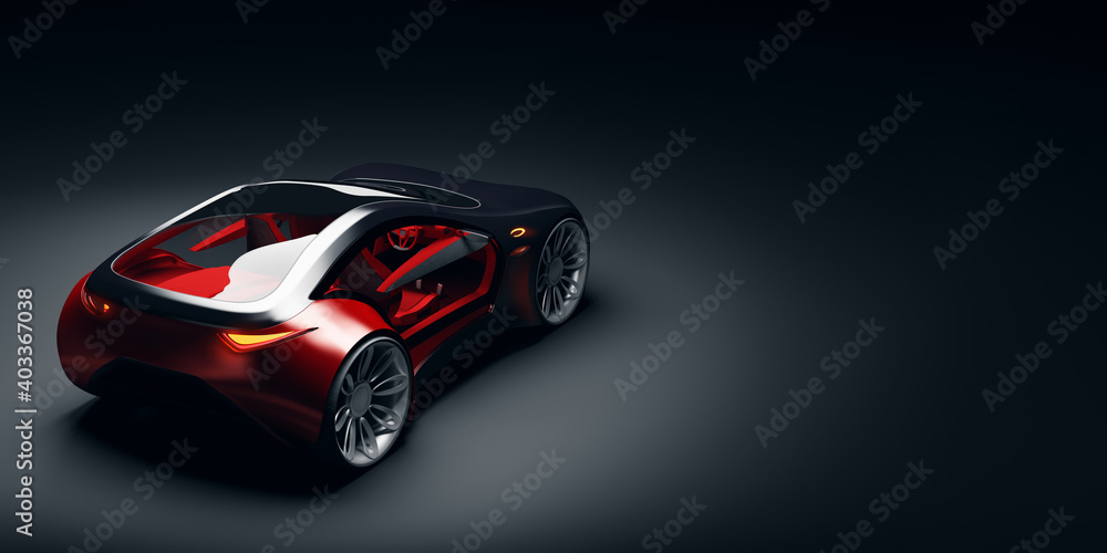 Rear view of futuristic fast sports car in studio light. Brandless concept car. 3d illustraiton