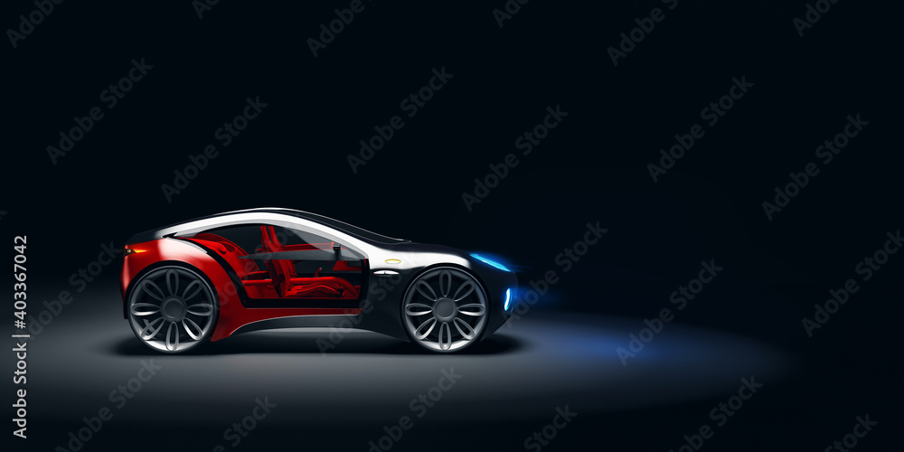 Side angle view of futuristic fast sports car in studio light. Brandless concept car. 3d illustraiton Side angle view of futuristic fast sports car in studio light. Brandless concept car. 3d illustraiton