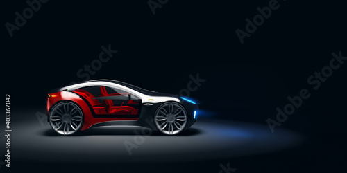 Side angle view of futuristic fast sports car in studio light. Brandless concept car. 3d illustraiton © EZPS