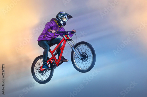 Fototapeta Naklejka Na Ścianę i Meble -  Drawing of an extreme cyclist flying in the sky on a downhill bike. Bounce. Extreme driving. Cyclist illustration.