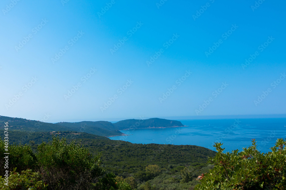 Spectacular view of Golfe de Sagone and the mediterranean marquis landscape near Cargese, Place for Text. Corsica, France