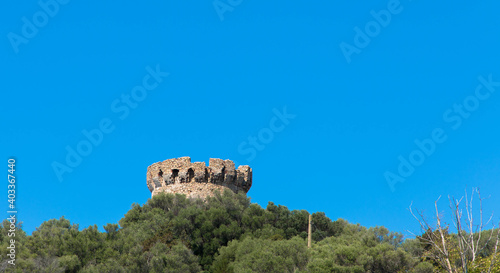 Corsican Genoese tower in the marquis against a blue cloudless sky, space for text. Tourism and vacations concept. Corsica, France