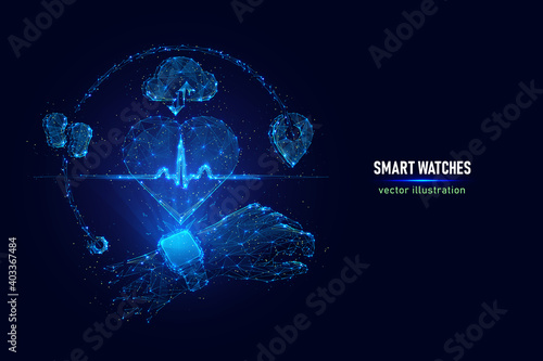 Vector illustration of smart watches. Digital wireframe of smart watches showing heart rate made of connected dots. Low poly illustration of heart rate monitoring hologram on blue background.