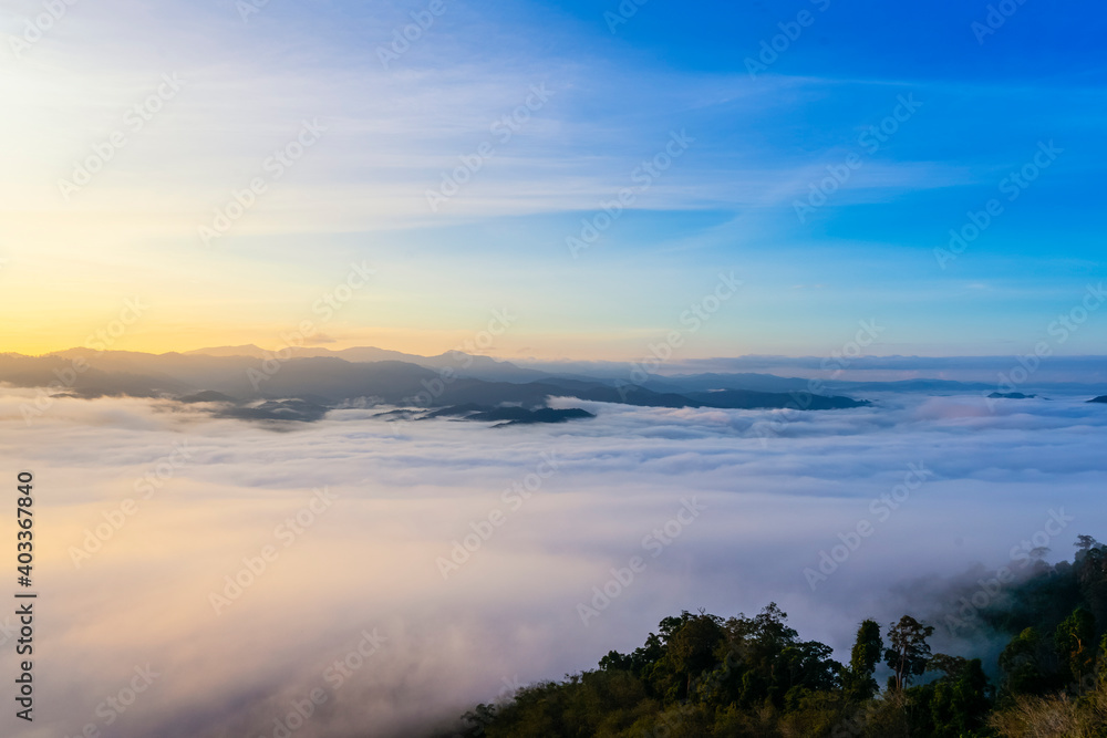 Sunrise and sea of fog, view from AIYERWENG View Point at Yala, Thailand