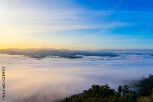 Sunrise and sea of fog, view from AIYERWENG View Point at Yala, Thailand