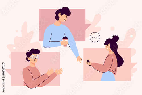 concept of laptop, phone, tablet with illustration of a group of people participating in a video conference with an application, video calling men and women together. vector illustration in flat style