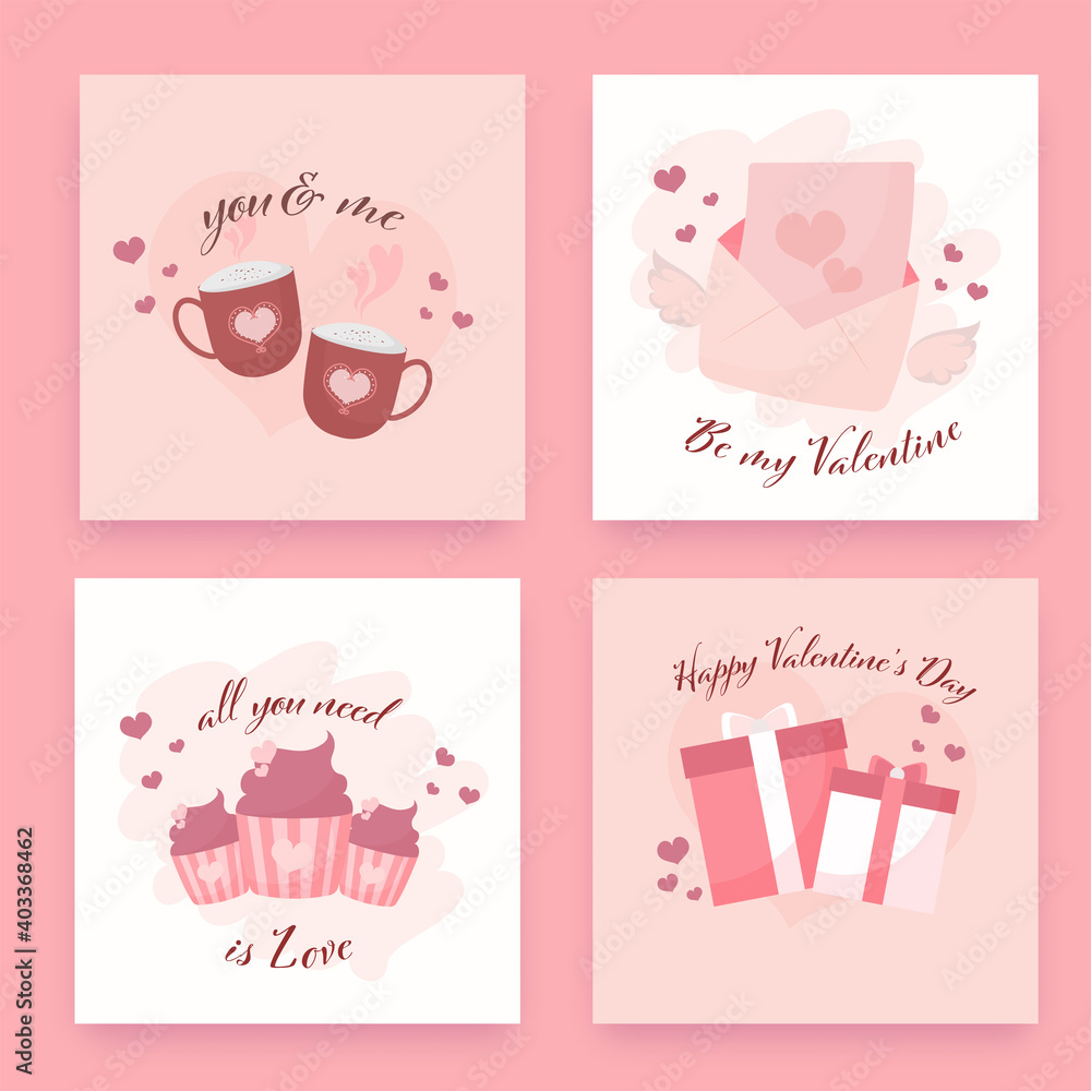 Happy Valentine's Day Greeting Card Or Posts Design In Four Options With Different Types Message.