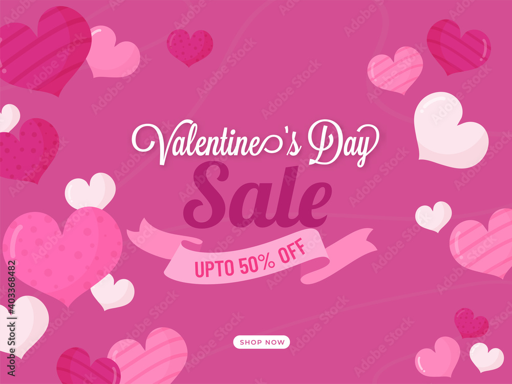 Valentine's Day Sale Poster Design With 50% Discount Offer And Hearts Decorated On Pink Background.