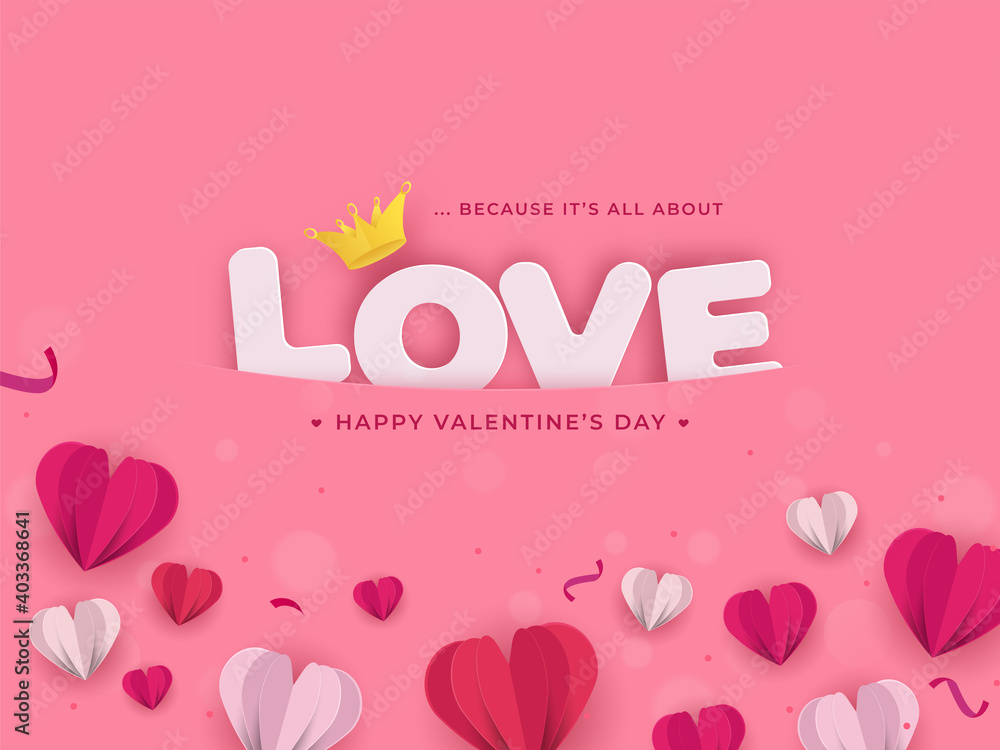 Paper Layer Cut Hearts With Love Text And Crown Illustration On Pink Background For Happy Valentine's Day.