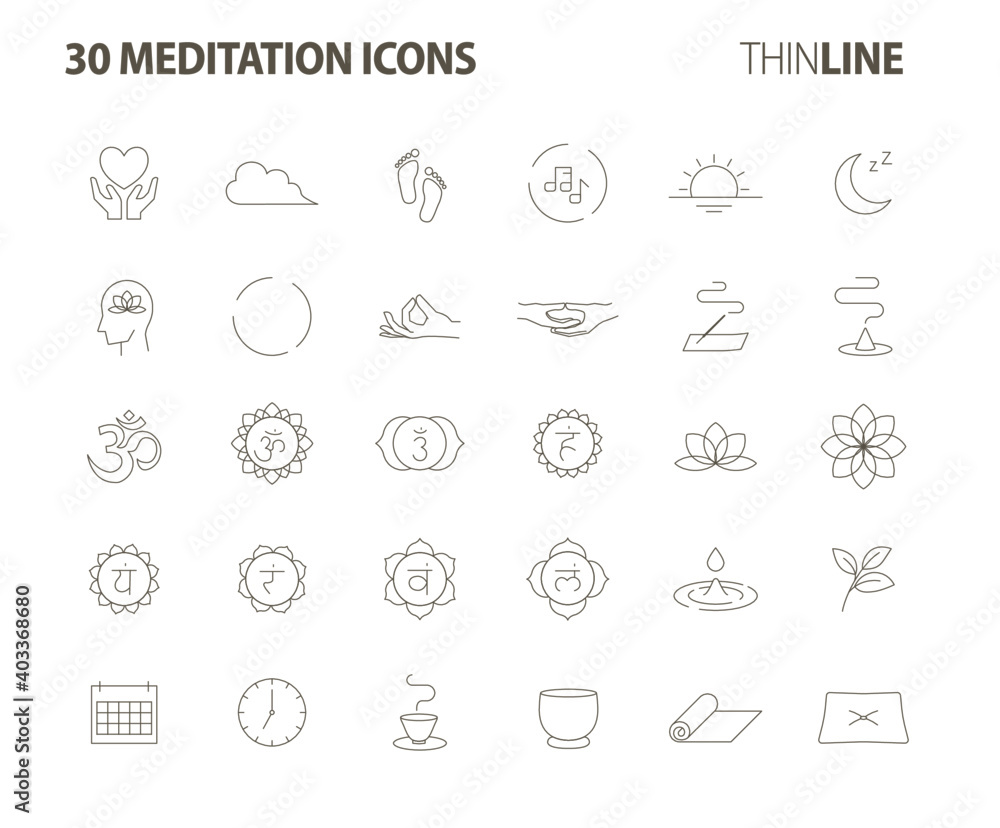 meditation 30 icons set-Pictograms with editable stroke