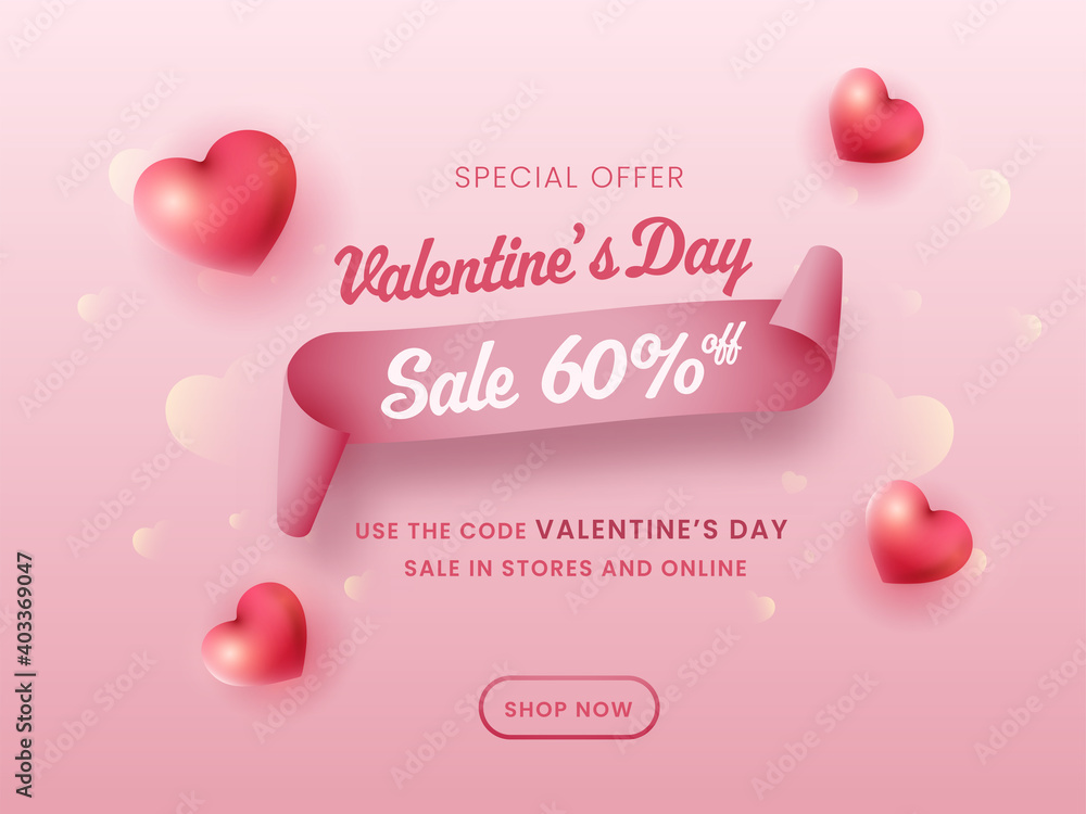 Valentine's Day Sale Poster Design With 60% Discount Offer And 3D Hearts On Glossy Pink Background.