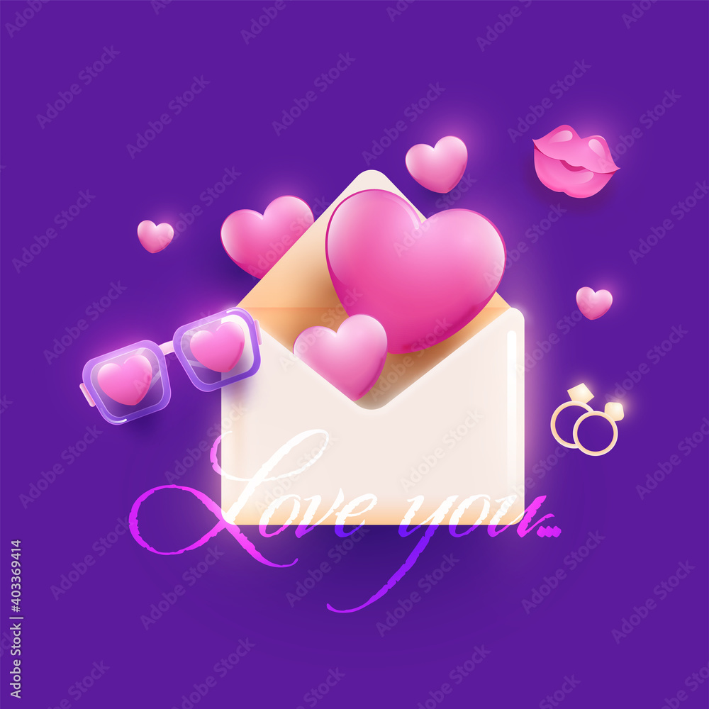 Love You Font With Glossy Pink Hearts Popping Out From Envelope, Goggles, Couple Rings And Kissing Lips On Purple Background.