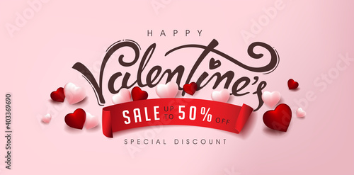  Valentine's day sale poster or banner with heart and calligraphy of valentine's.