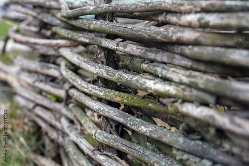 Fence of old dry twigs. Background wood. Vintage. Selective focus on a middle part of image. Bokeh effect.