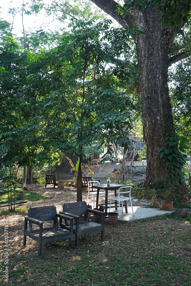 Exterior decoration and building design at coffee cafe, bakery shop and restaurant decorated with wooden furniture among natural green garden park