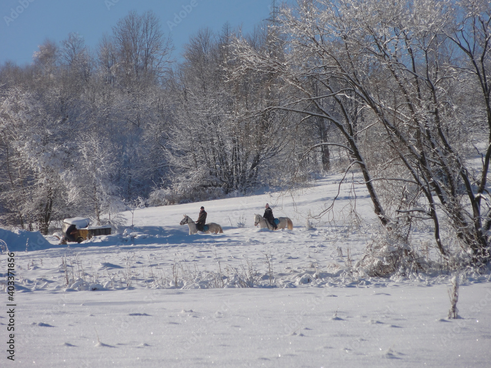 Horseback riders on a cold winter morning. Horseback riders on a cold winter morning.