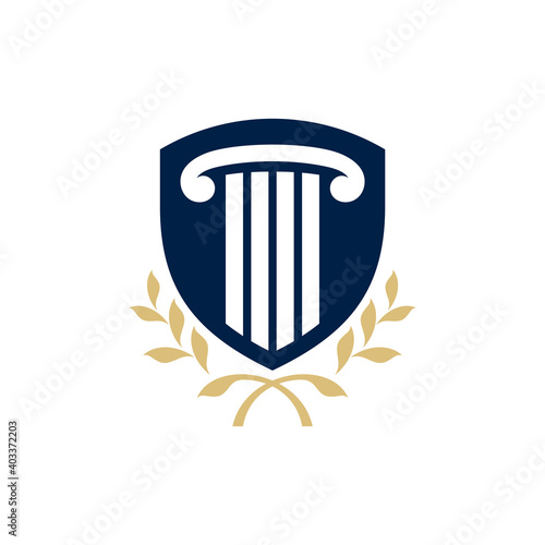 Shield, pillar and leaf flat logo concept template