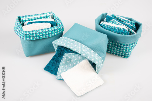 Photos zero waste make up removal washable cotton cosmetic pads in diy basket isolated