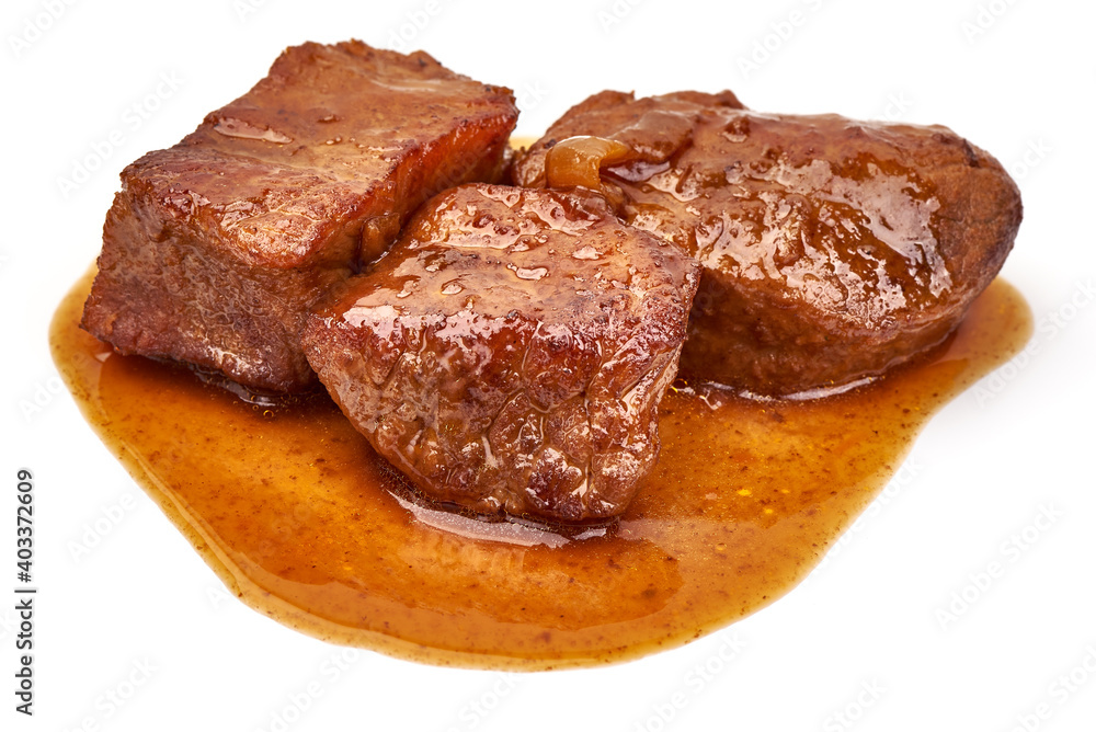 Stewed pork goulash, isolated on white background