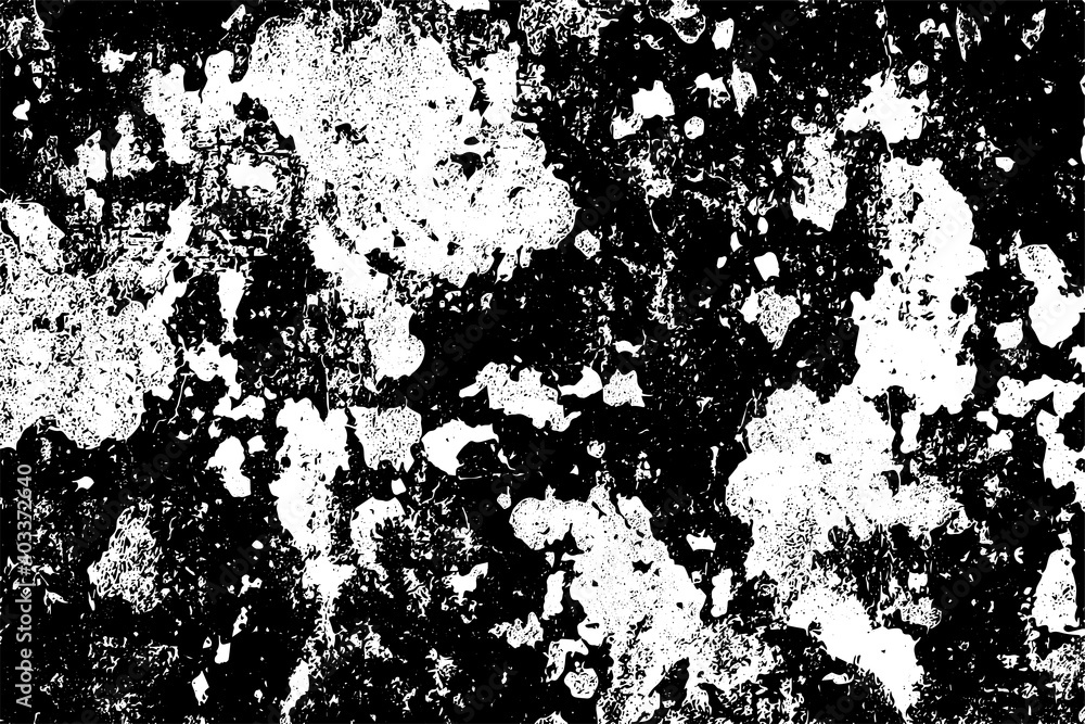 Grunge texture is black and white. The background is made of dirt, chips, scuffs, and wear. Old vintage surface splattered with ink. Soiled backdrop template
