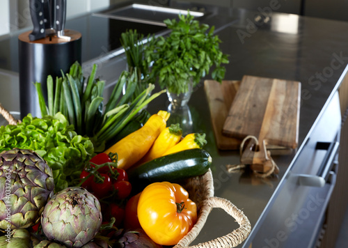 Kitchen interior vegetables chopping board