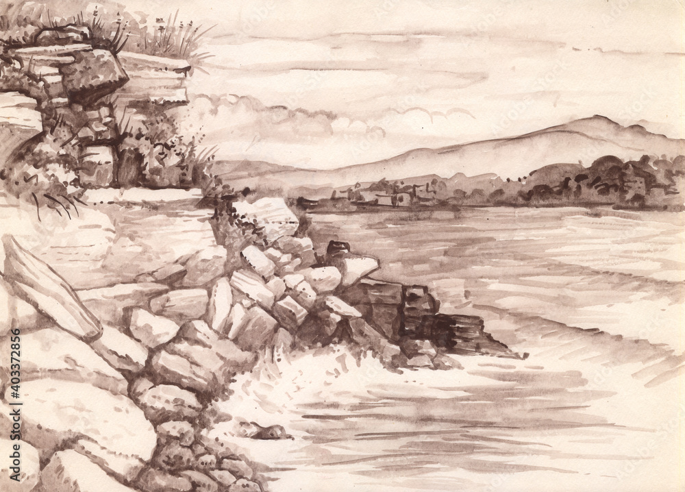 Drawing with a monochrome landscape. Grisaille in brown tones. Black sea coast of Bulgaria, Burgas Province. Etude (sketch) performed in the open air. Panorama.
