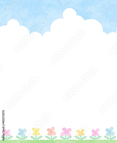 優しい水彩の花と青空の風景素材2