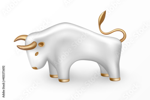 Symbol of the New Year 2021 - sign of the White Metal Bull on Chinese lunar calendar. Isolated white bull with gold parts. 3d icon and logo. Realistic glass porcelain figurine of cow or ox