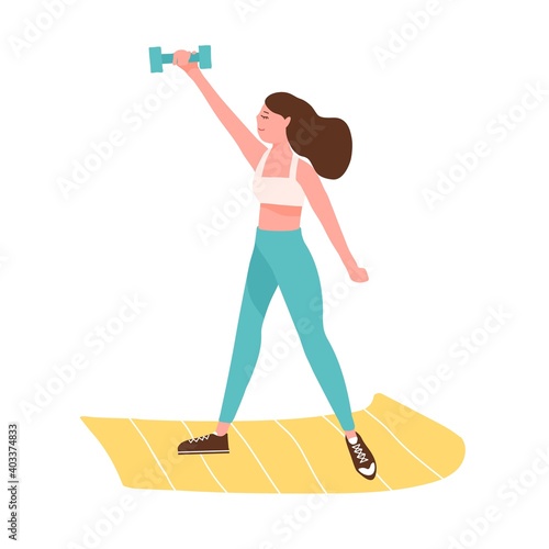 Active woman training with dumbbell on mat vector flat illustration. Sportswoman doing fitness exercise with sports equipment isolated. Female in sportswear practicing doing workout at home or gym