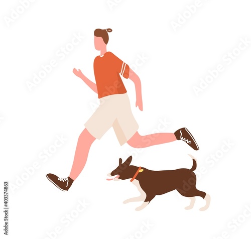Active man enjoy morning jogging with dog vector flat illustration. Athletic ...