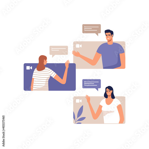 Young people communicate online using a mobile devices. Concept of video call conference, remote working from home or online meeting. Vector illustration.