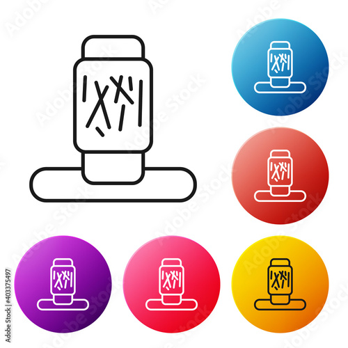 Black line Cat scratching post with toy icon isolated on white background. Set icons colorful circle buttons. Vector.
