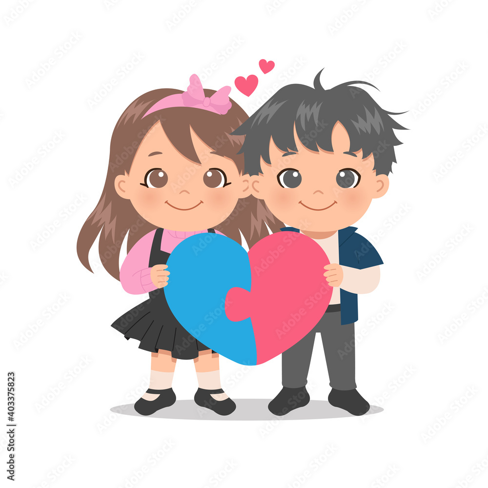 Cute boy and girl in love holding a heart shape puzzle. Match couple concept. Flat vector cartoon style valentine's day.
