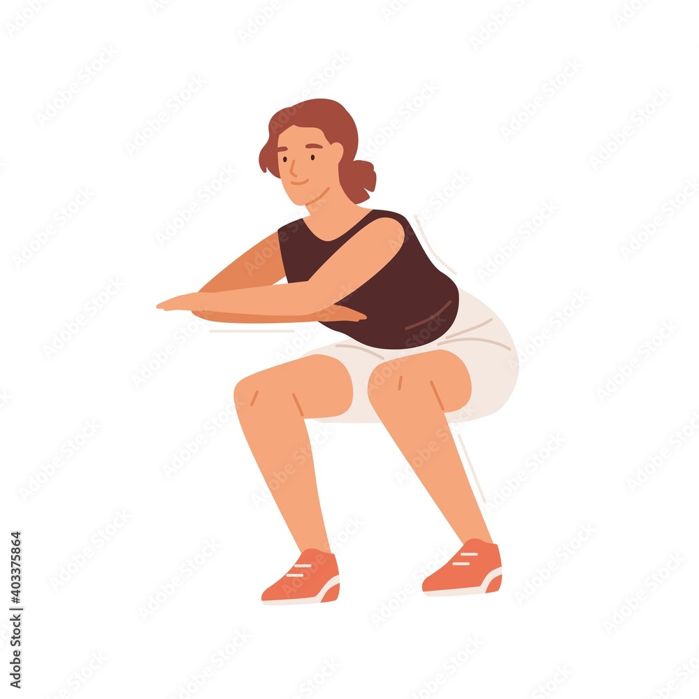 Sportswoman doing squat, enjoy fitness training vector flat illustration. Active woman in sportswear practicing workout at home or gym isolated on white. Happy female doing everyday physical activity Sportswoman doing squat, enjoy fitness training vector flat illustration. Active woman in sportswear practicing workout at home or gym isolated on white. Happy female doing everyday physical activity