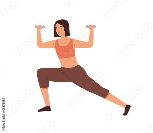 Woman training, doing lunges with dumbbell vector flat illustration. Female practicing warming up or fitness workout with sports equipment isolated on white. Sportswoman enjoying physical activity