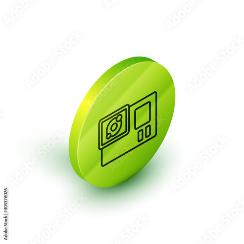 Isometric line Action extreme camera icon isolated on white background. Video camera equipment for filming extreme sports. Green circle button. Vector.