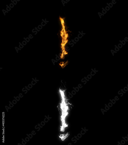 3D illustration of the exclamation point mark sign symbol on fire with alpha layer