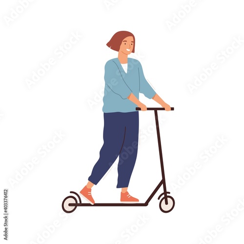 Cheerful woman riding kick scooter vector flat illustration. Smiling female ride eco friendly personal vehicle isolated on white. Young character with modern urban ergonomic transport
