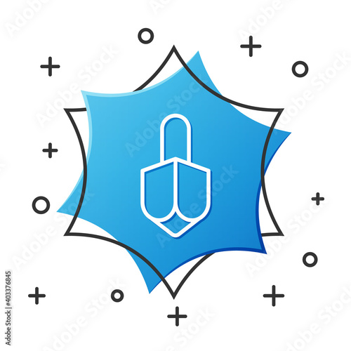 White line Hanukkah dreidel icon isolated on white background. Blue hexagon button. Vector. photo