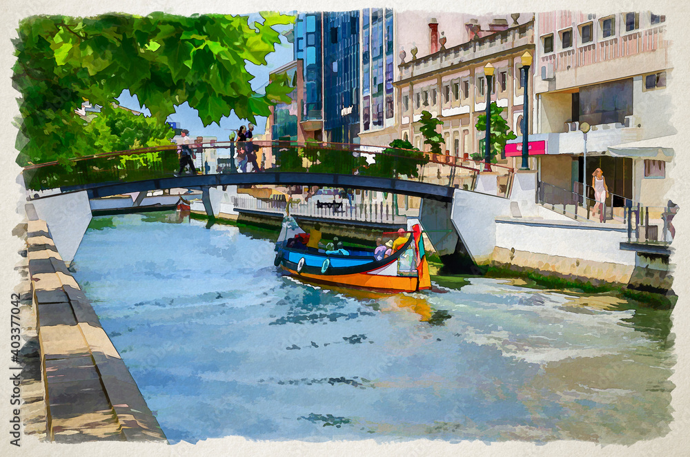 Watercolor drawing of Aveiro traditional colorful Moliceiro boat with tourists sailing in narrow water canal, bridge across waterway