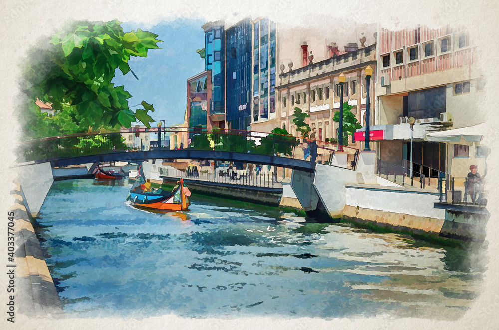 Watercolor drawing of Aveiro traditional colorful Moliceiro boat with tourists sailing in narrow water canal, bridge across waterway