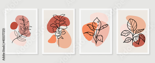 Botanical wall art vector set. Earth tone boho foliage line art drawing with  abstract shape.  Abstract Plant Art design for wall framed prints, canvas prints, poster, home decor, cover, wallpaper.