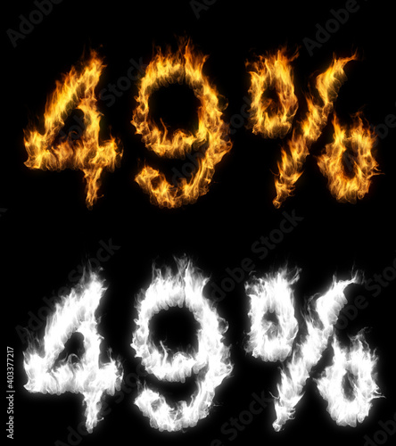 3D illustration of number percent text discount sale on fire with alpha layer