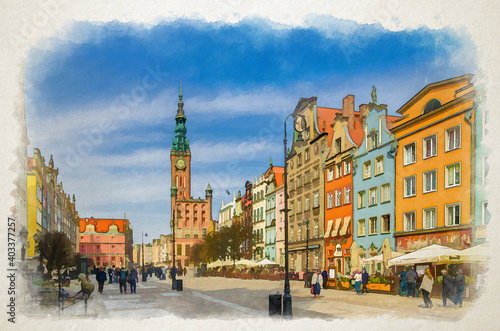 Watercolor drawing of Gdansk cityscape with people tourists walking down Dluga Long Market pedestrian street Dlugi targ square