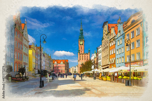 Watercolor drawing of Gdansk cityscape with people tourists walking down Dluga Long Market pedestrian street Dlugi targ square