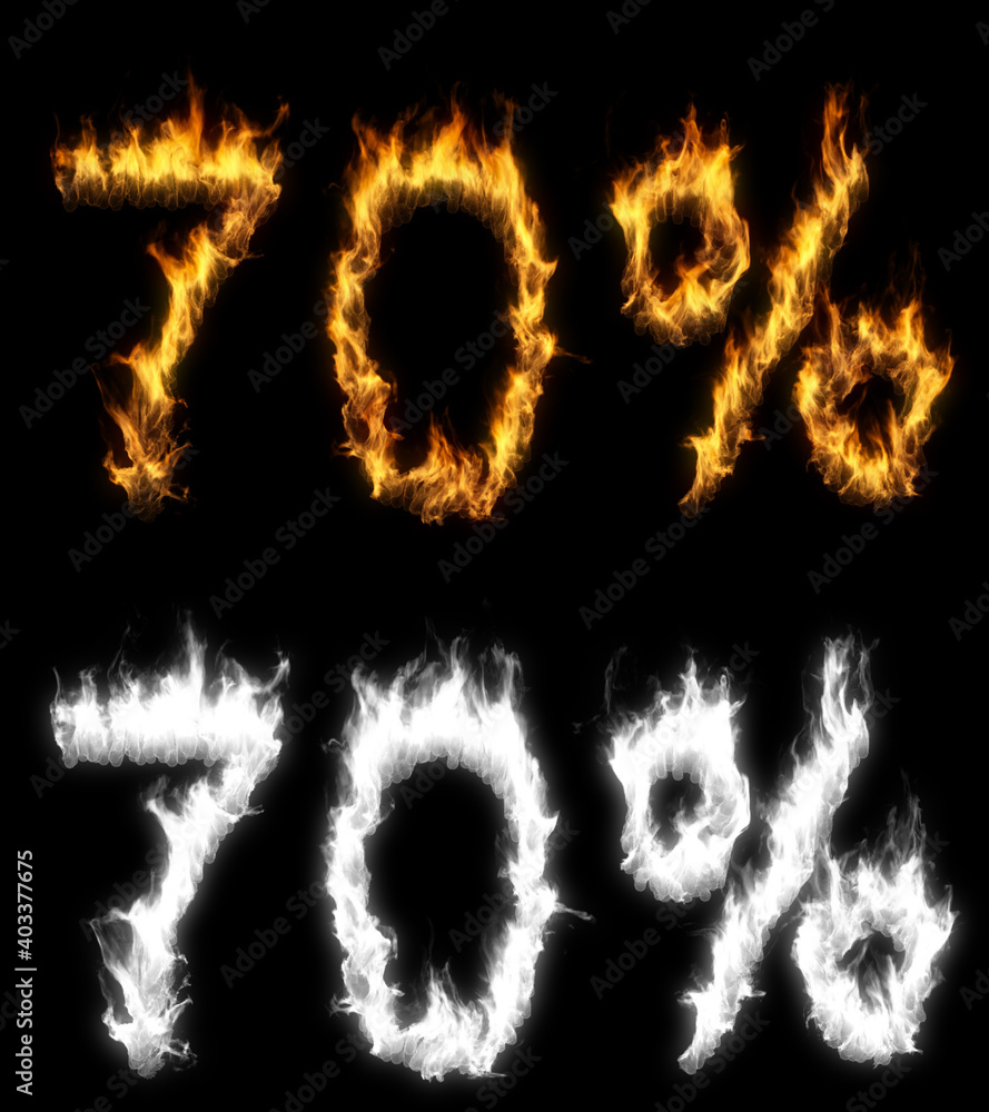3D illustration of number percent text discount sale on fire with alpha layer 3D illustration of number percent text discount sale on fire with alpha layer